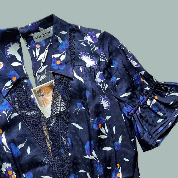 Self Portrait Navy Botanical Print Twisted Dress – 4 - Picture 4 of 10